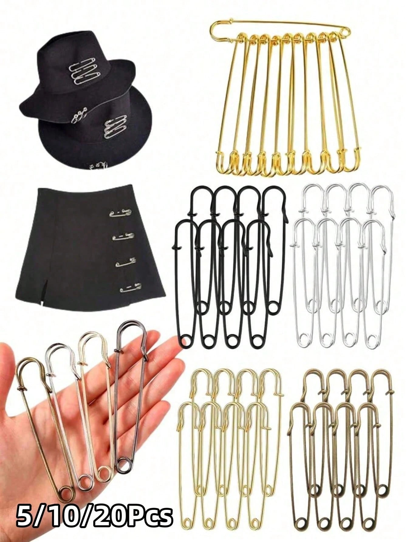 5/10/20Pcs Large Clothing Safety Pins, Heavy Duty Quilt Pins, Gold & Silver Decorative Pins, Suitable For Canvas, Wool Clothing Crafts And DIY Jewelry Crafts