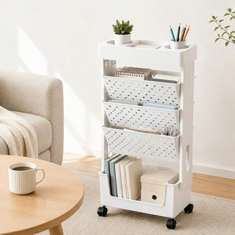 5/6 Tier Mobile Storage Cart With Wheels, White Rolling Book Cart, Slim Rolling Bookshelf Organizer For Office Home School Study Books Magazines Storage, Space Saving
