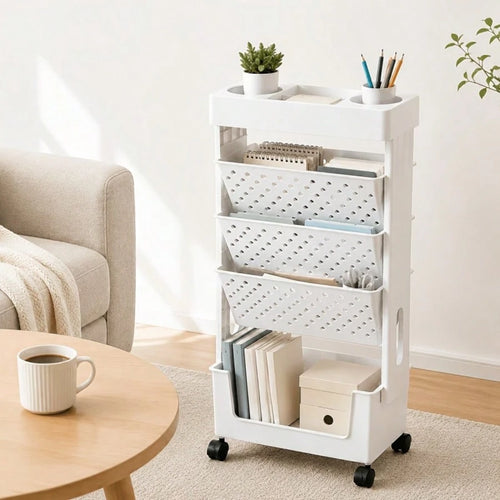 5/6 Tier Mobile Storage Cart With Wheels, White Rolling Book Cart, Slim Rolling Bookshelf Organizer For Office Home School Study Books Magazines Storage, Space Saving