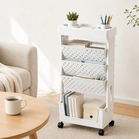 5/6 Tier Mobile Storage Cart With Wheels, White Rolling Book Cart, Slim Rolling Bookshelf Organizer For Office Home School Study Books Magazines Storage, Space Saving