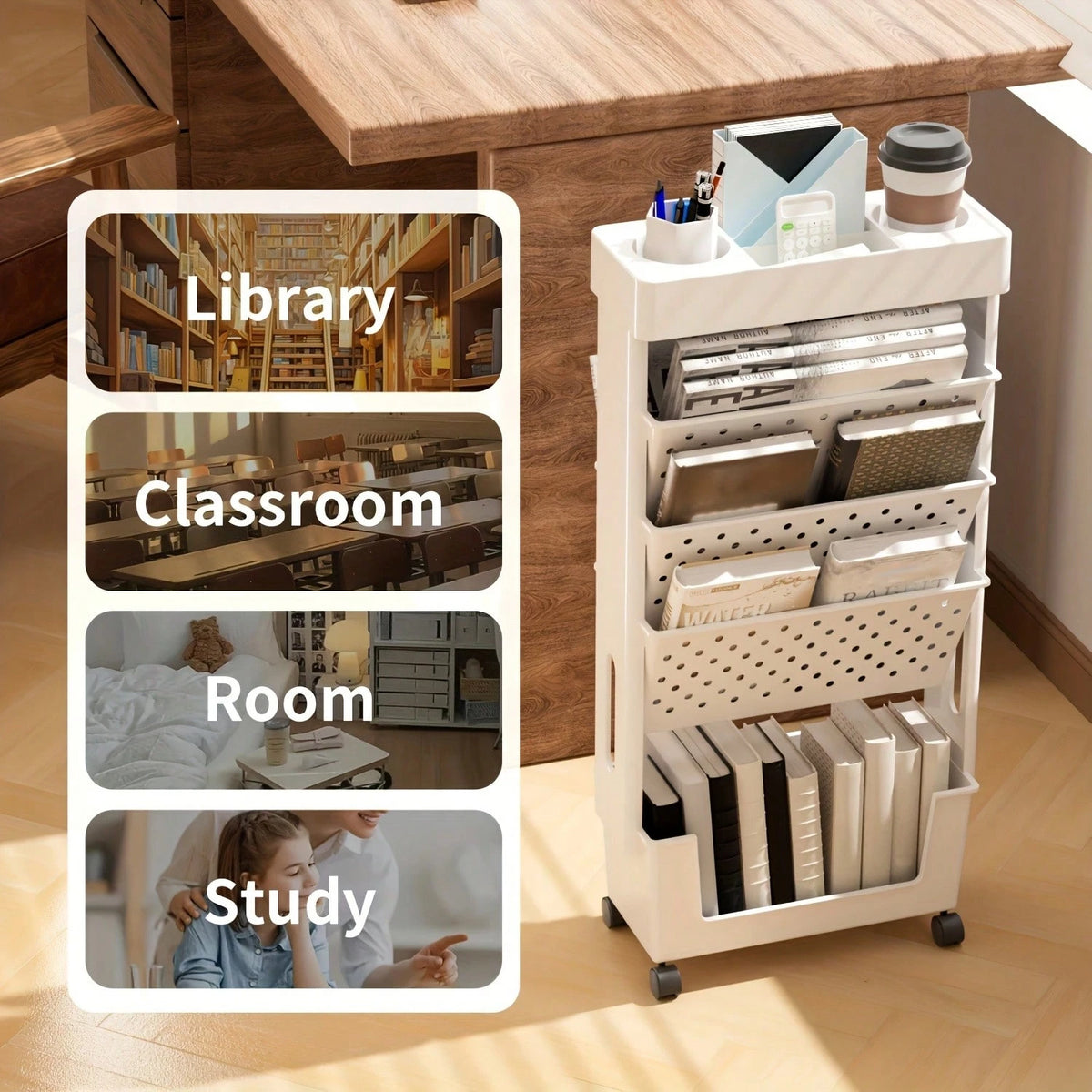 5/6 Tier Mobile Storage Cart With Wheels, White Rolling Book Cart, Slim Rolling Bookshelf Organizer For Office Home School Study Books Magazines Storage, Space Saving