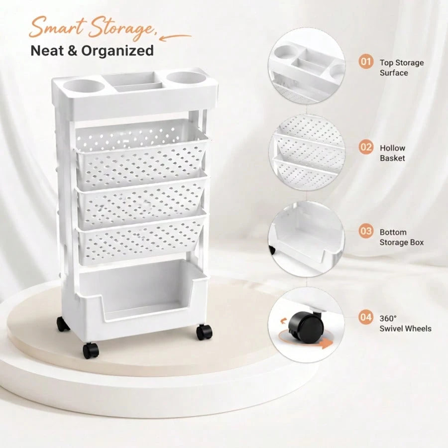 5/6 Tier Mobile Storage Cart With Wheels, White Rolling Book Cart, Slim Rolling Bookshelf Organizer For Office Home School Study Books Magazines Storage, Space Saving