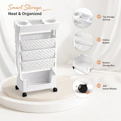 5/6 Tier Mobile Storage Cart With Wheels, White Rolling Book Cart, Slim Rolling Bookshelf Organizer For Office Home School Study Books Magazines Storage, Space Saving