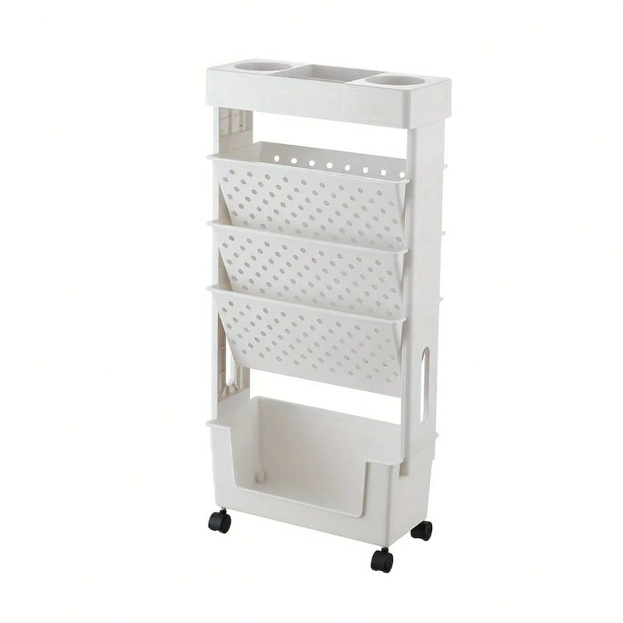 5/6 Tier Mobile Storage Cart With Wheels, White Rolling Book Cart, Slim Rolling Bookshelf Organizer For Office Home School Study Books Magazines Storage, Space Saving