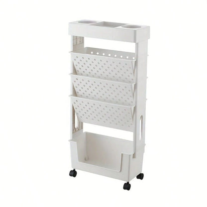 5/6 Tier Mobile Storage Cart With Wheels, White Rolling Book Cart, Slim Rolling Bookshelf Organizer For Office Home School Study Books Magazines Storage, Space Saving
