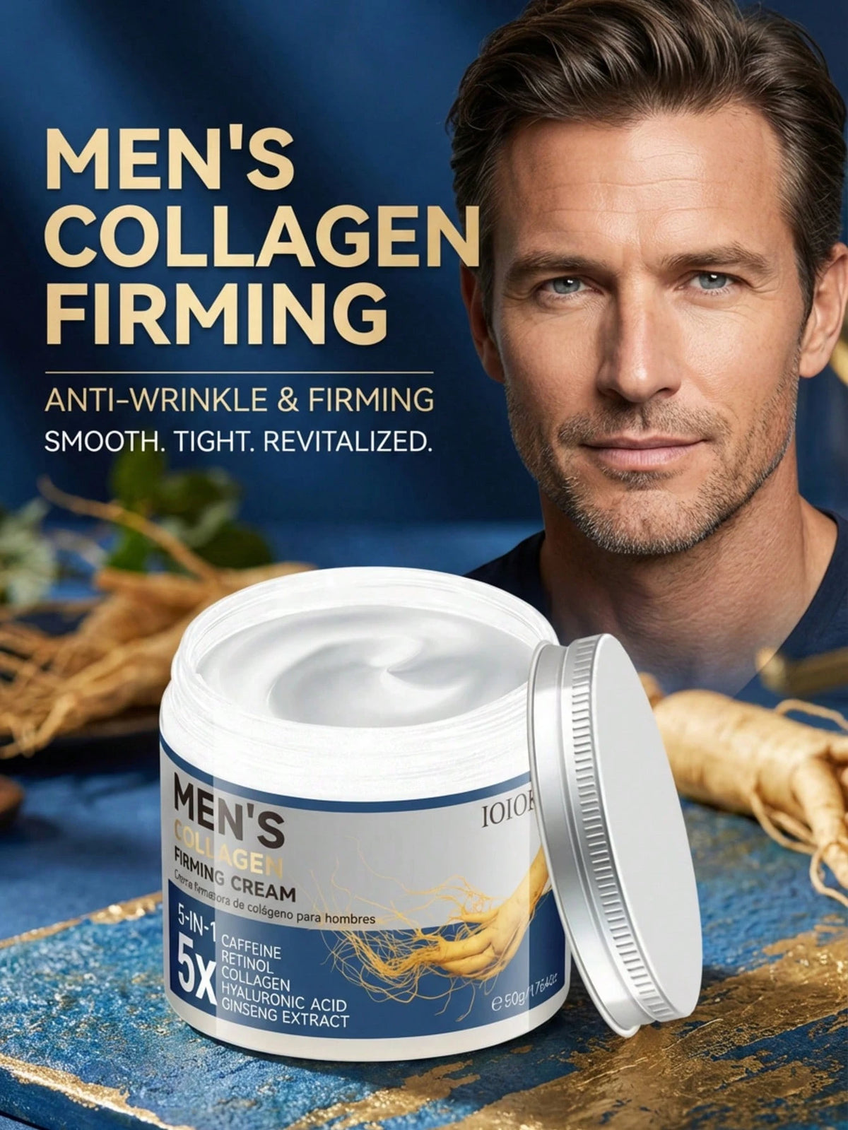 5-In-1 Anti-Aging & Anti-Wrinkle Face Cream For Men, 50g, Infused With Collagen, Retinol, Hyaluronic Acid, Caffeine & Ginseng, Deep Hydration & Moisturizing, Firms & Lifts Contours, Fades Fine Lines &