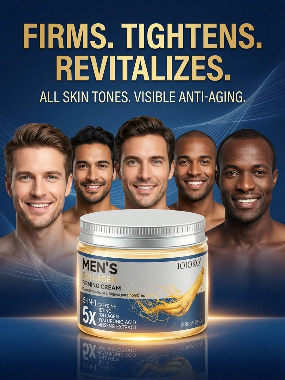 5-In-1 Anti-Aging & Anti-Wrinkle Face Cream For Men, 50g, Infused With Collagen, Retinol, Hyaluronic Acid, Caffeine & Ginseng, Deep Hydration & Moisturizing, Firms & Lifts Contours, Fades Fine Lines &