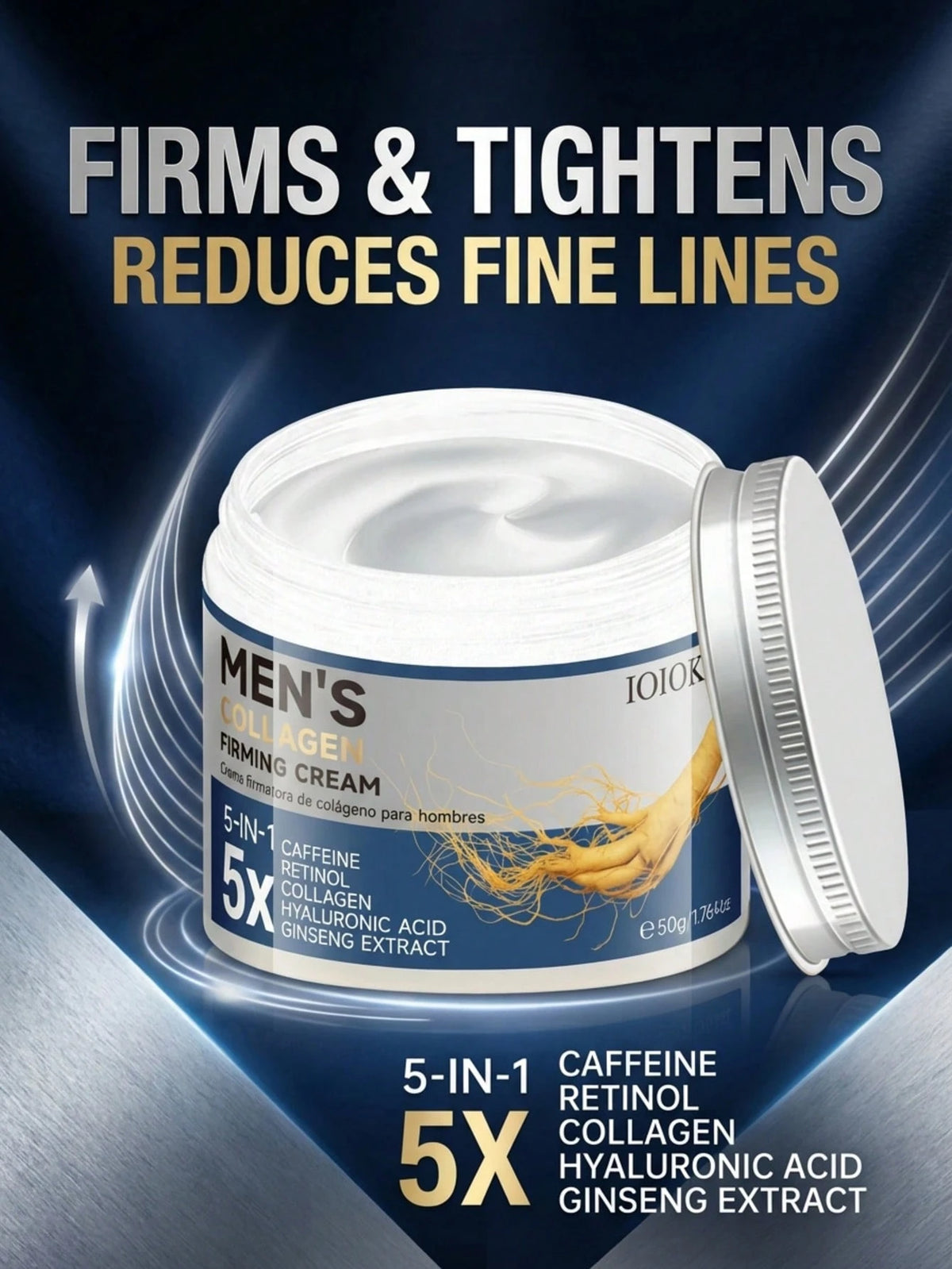 5-In-1 Anti-Aging & Anti-Wrinkle Face Cream For Men, 50g, Infused With Collagen, Retinol, Hyaluronic Acid, Caffeine & Ginseng, Deep Hydration & Moisturizing, Firms & Lifts Contours, Fades Fine Lines &