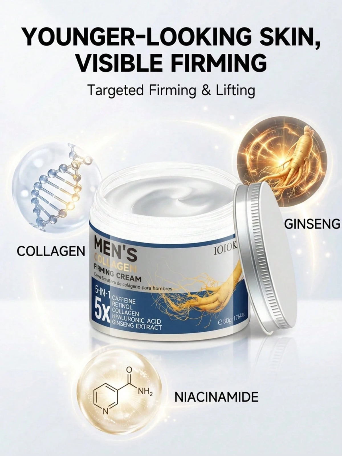 5-In-1 Anti-Aging & Anti-Wrinkle Face Cream For Men, 50g, Infused With Collagen, Retinol, Hyaluronic Acid, Caffeine & Ginseng, Deep Hydration & Moisturizing, Firms & Lifts Contours, Fades Fine Lines &