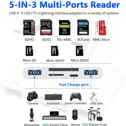 5-In-1 Camera Card Reader, Camera Viewer Plug And Play, OTG USB Camera Multi-Storage Adapter, SD/TF Card Slot/USB3.0/Type-C/Lightning Universal Card Reader, Compatible With IPhone/IPad