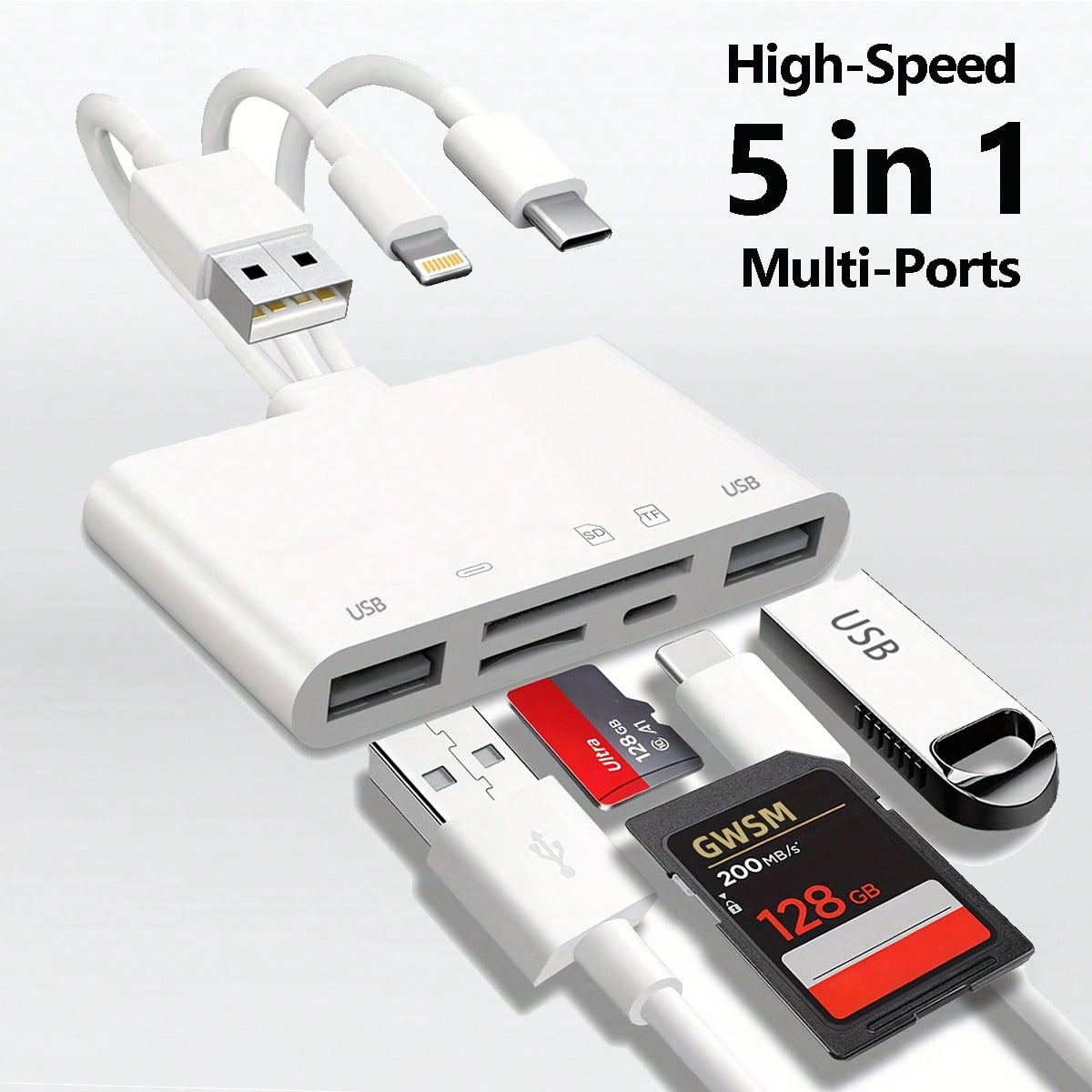 5-In-1 Camera Card Reader, Camera Viewer Plug And Play, OTG USB Camera Multi-Storage Adapter, SD/TF Card Slot/USB3.0/Type-C/Lightning Universal Card Reader, Compatible With IPhone/IPad