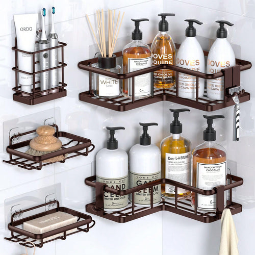 5 Packs Corner Shower Caddy, Adhesive Shower Organizers, Rustproof Stainless Steel Shower Shelves With 8 Hooks, No Drilling Bathroom Organizers And Storage Racks, Space-Saving Back To School