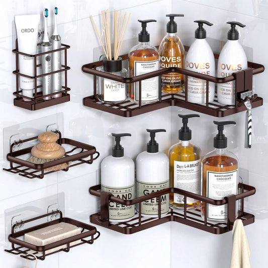 5 Packs Corner Shower Caddy, Adhesive Shower Organizers, Rustproof Stainless Steel Shower Shelves With 8 Hooks, No Drilling Bathroom Organizers And Storage Racks, Space-Saving Back To School