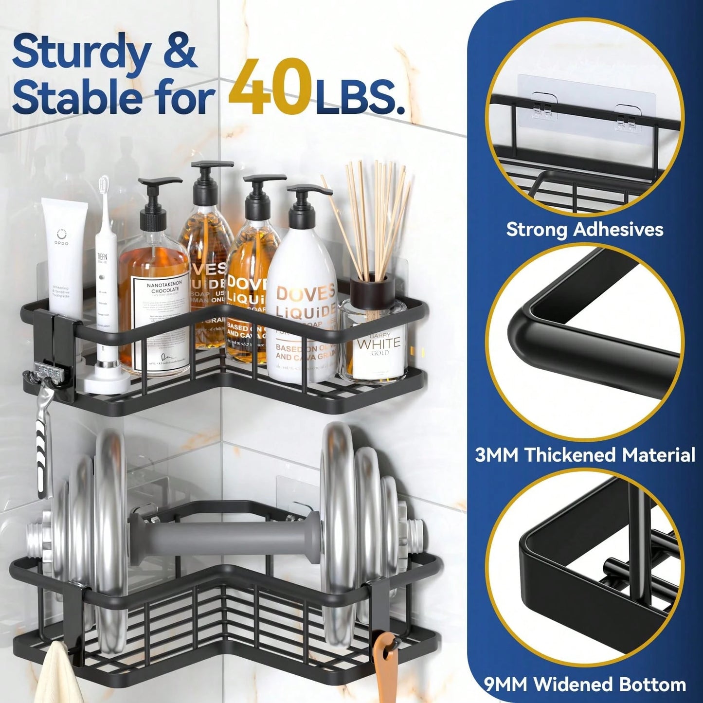5 Packs Corner Shower Caddy, Adhesive Shower Organizers, Rustproof Stainless Steel Shower Shelves With 8 Hooks, No Drilling Bathroom Organizers And Storage Racks, Space-Saving Back To School