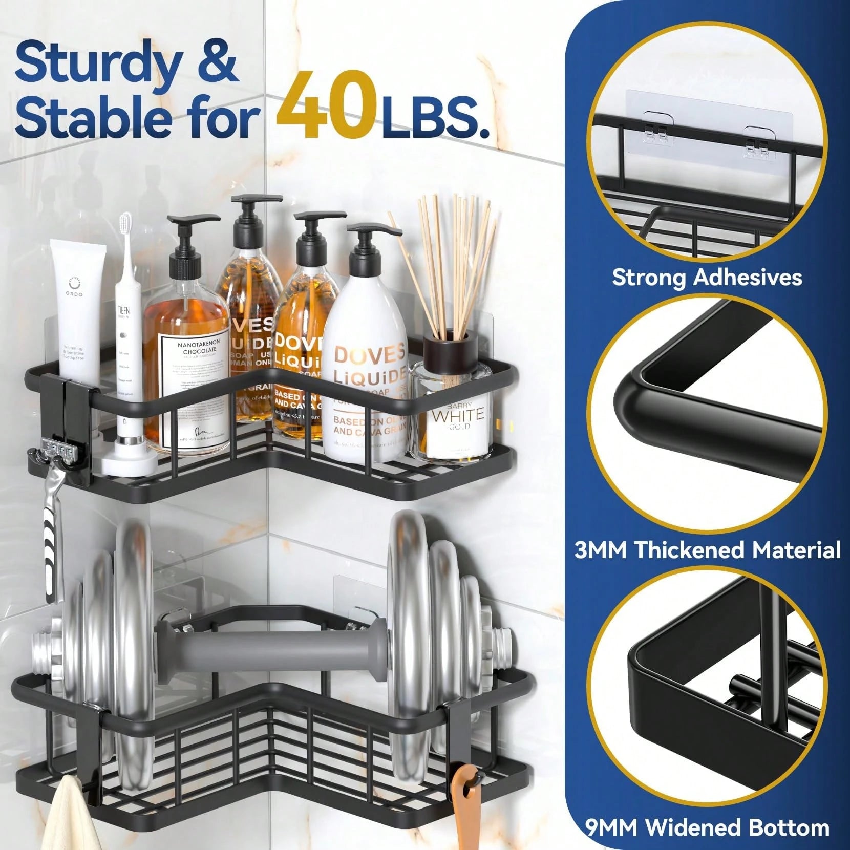 5 Packs Corner Shower Caddy, Adhesive Shower Organizers, Rustproof Stainless Steel Shower Shelves With 8 Hooks, No Drilling Bathroom Organizers And Storage Racks, Space-Saving Back To School