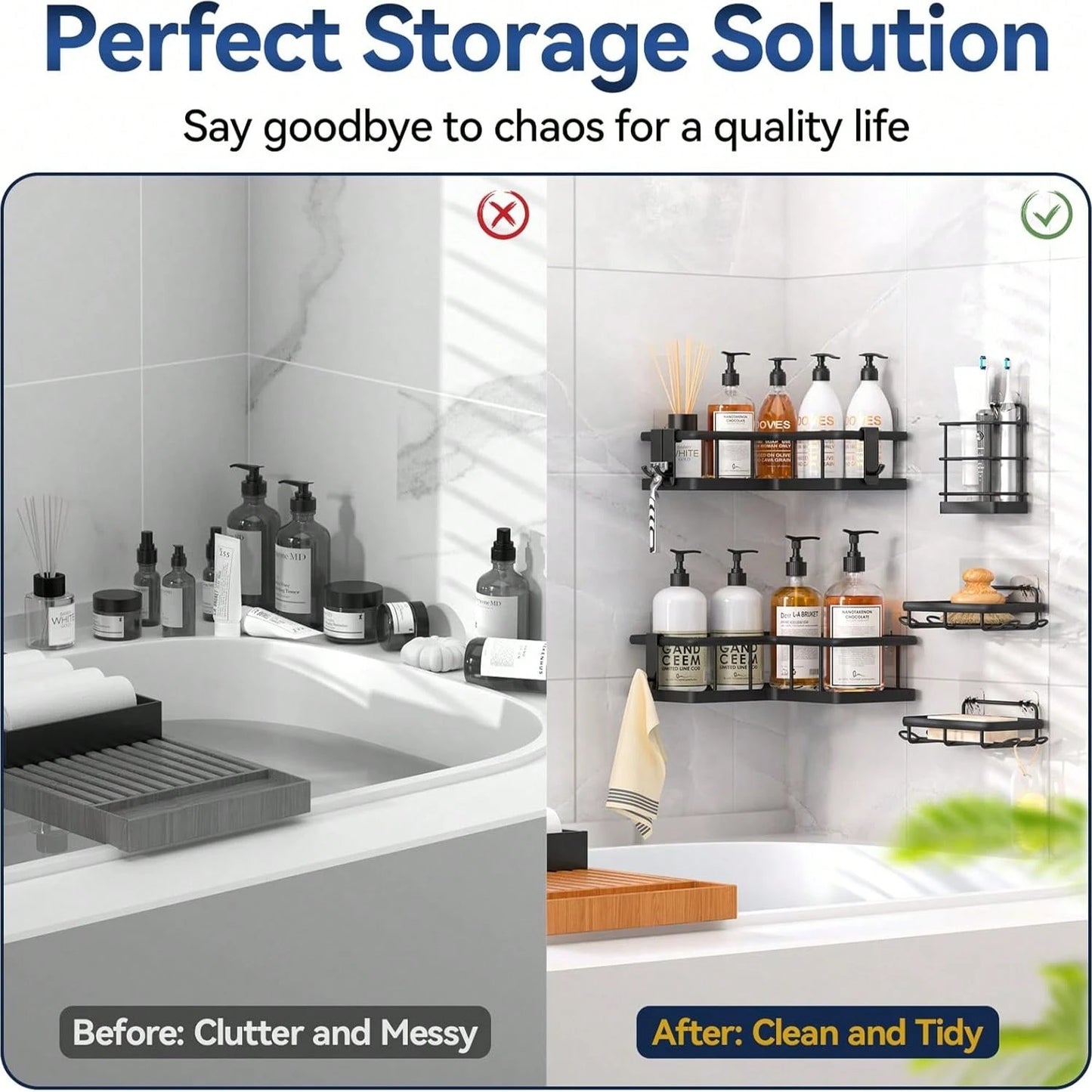 5 Packs Corner Shower Caddy, Adhesive Shower Organizers, Rustproof Stainless Steel Shower Shelves With 8 Hooks, No Drilling Bathroom Organizers And Storage Racks, Space-Saving Back To School