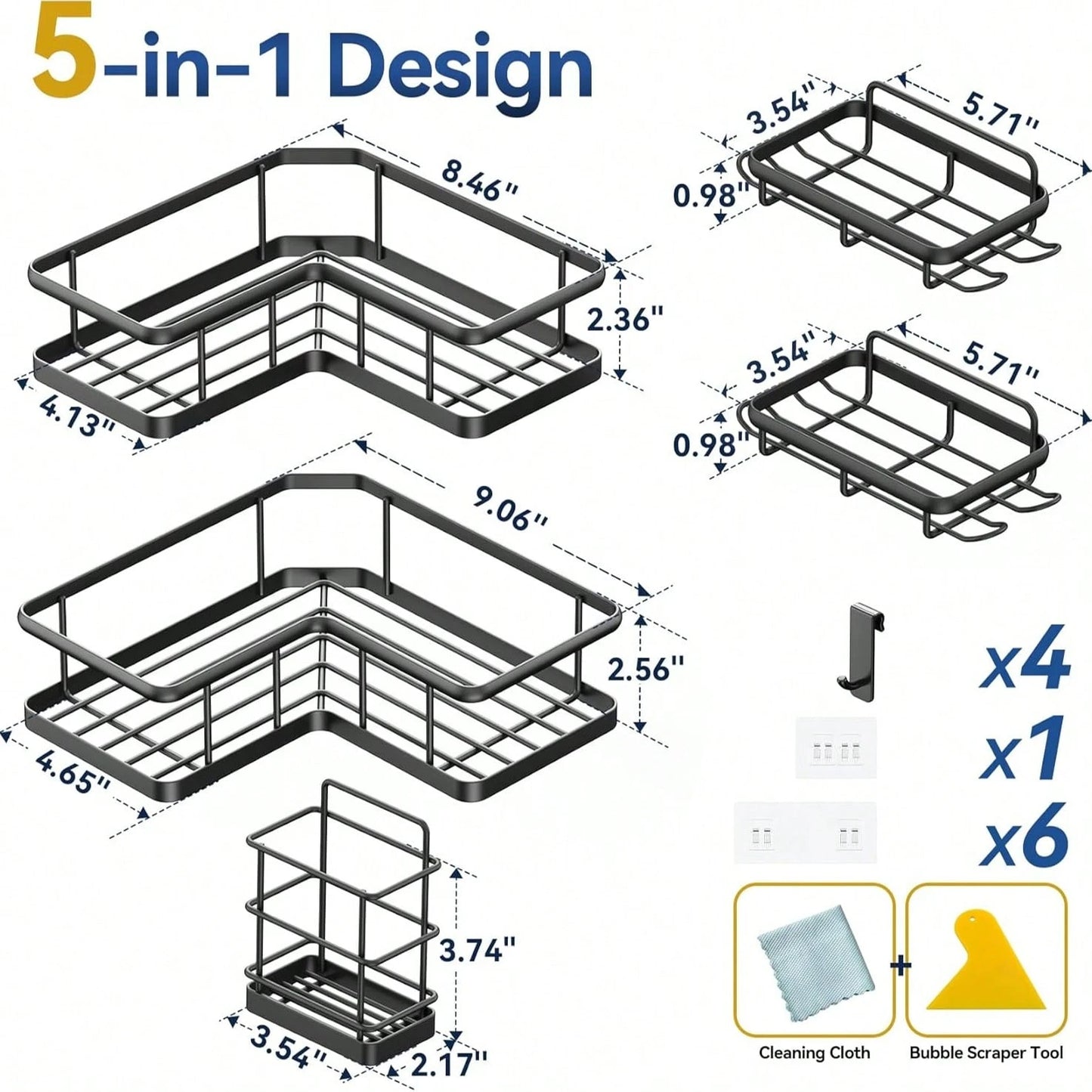 5 Packs Corner Shower Caddy, Adhesive Shower Organizers, Rustproof Stainless Steel Shower Shelves With 8 Hooks, No Drilling Bathroom Organizers And Storage Racks, Space-Saving Back To School