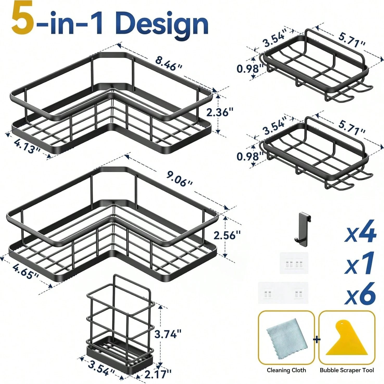 5 Packs Corner Shower Caddy, Adhesive Shower Organizers, Rustproof Stainless Steel Shower Shelves With 8 Hooks, No Drilling Bathroom Organizers And Storage Racks, Space-Saving Back To School