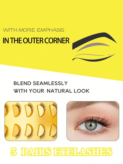 5 Pairs Mini Cute Super Short Half-Lash False Eyelashes, Transparent Stem, Cat Eye Style, Soft 3D Faux Mink Lashes, Create Natural Makeup- 5 Pairs/Box. Suitable For Small Eyes, Reusable For Daily Wea