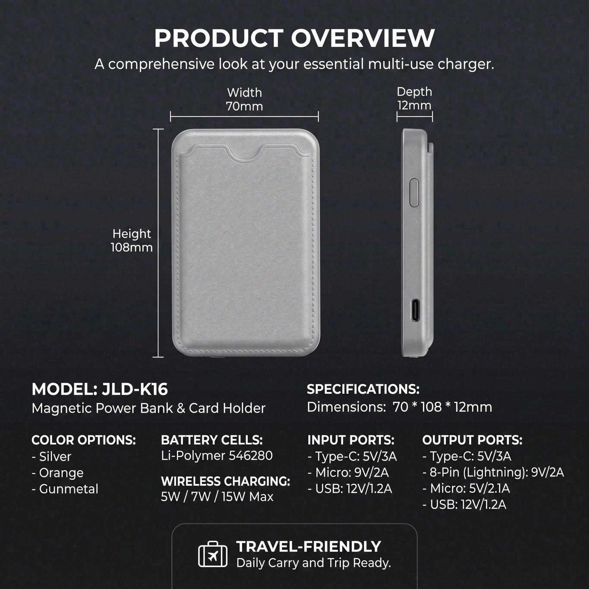 5000mAh Magnetic Wireless Power Bank Leather Card Holder 15W Wireless Charging 22.5W Wired Fast Charging Ultra Slim Portable Phone Charger Battery Life Protection Compatible With IPhone 15 Pro Max 15