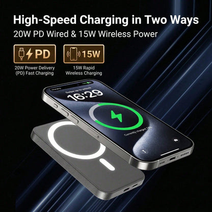 5000mAh Magnetic Wireless Power Bank Leather Card Holder 15W Wireless Charging 22.5W Wired Fast Charging Ultra Slim Portable Phone Charger Battery Life Protection Compatible With IPhone 15 Pro Max 15
