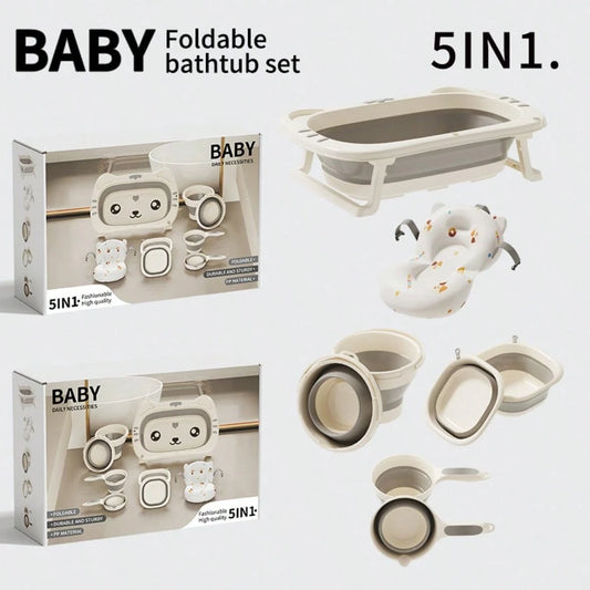 5pc Baby Bath Set With Foldable Bathtub, Thermometer & Soft Cushion, Portable Infant To Toddler Bath Kit With Pail, Scoop & Basin