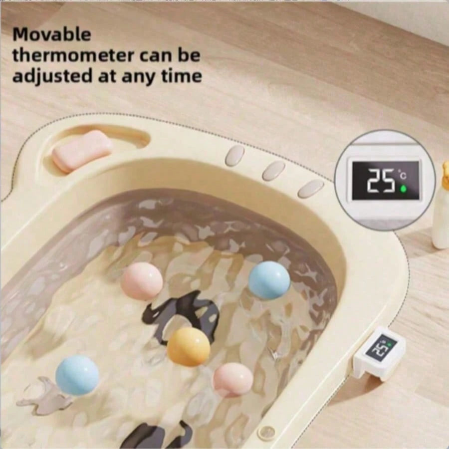 5pc Baby Bath Set With Foldable Bathtub, Thermometer & Soft Cushion, Portable Infant To Toddler Bath Kit With Pail, Scoop & Basin