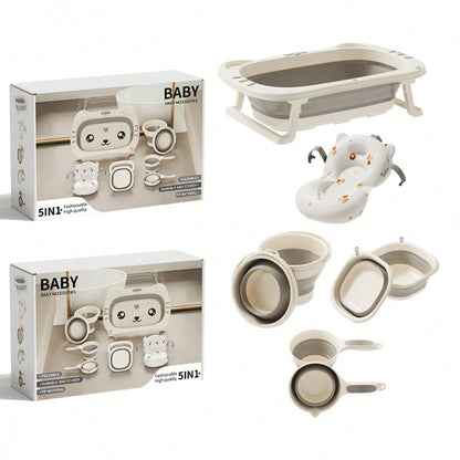 5pc Baby Bath Set With Foldable Bathtub, Thermometer & Soft Cushion, Portable Infant To Toddler Bath Kit With Pail, Scoop & Basin