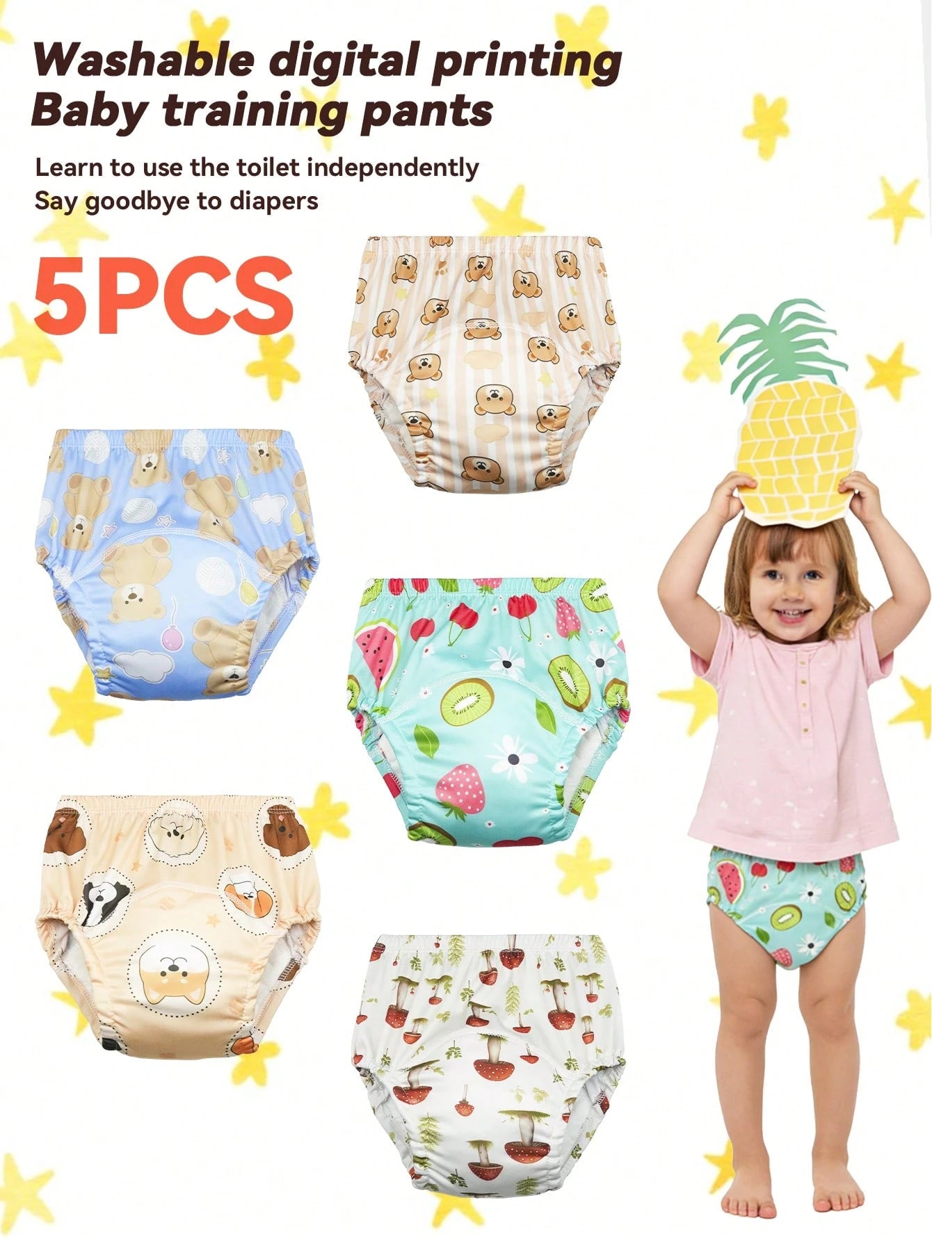 5pcs Baby Reusable Printed Potty Training Pants, Boys & Girls Infant Toilet Training Underwear, Washable