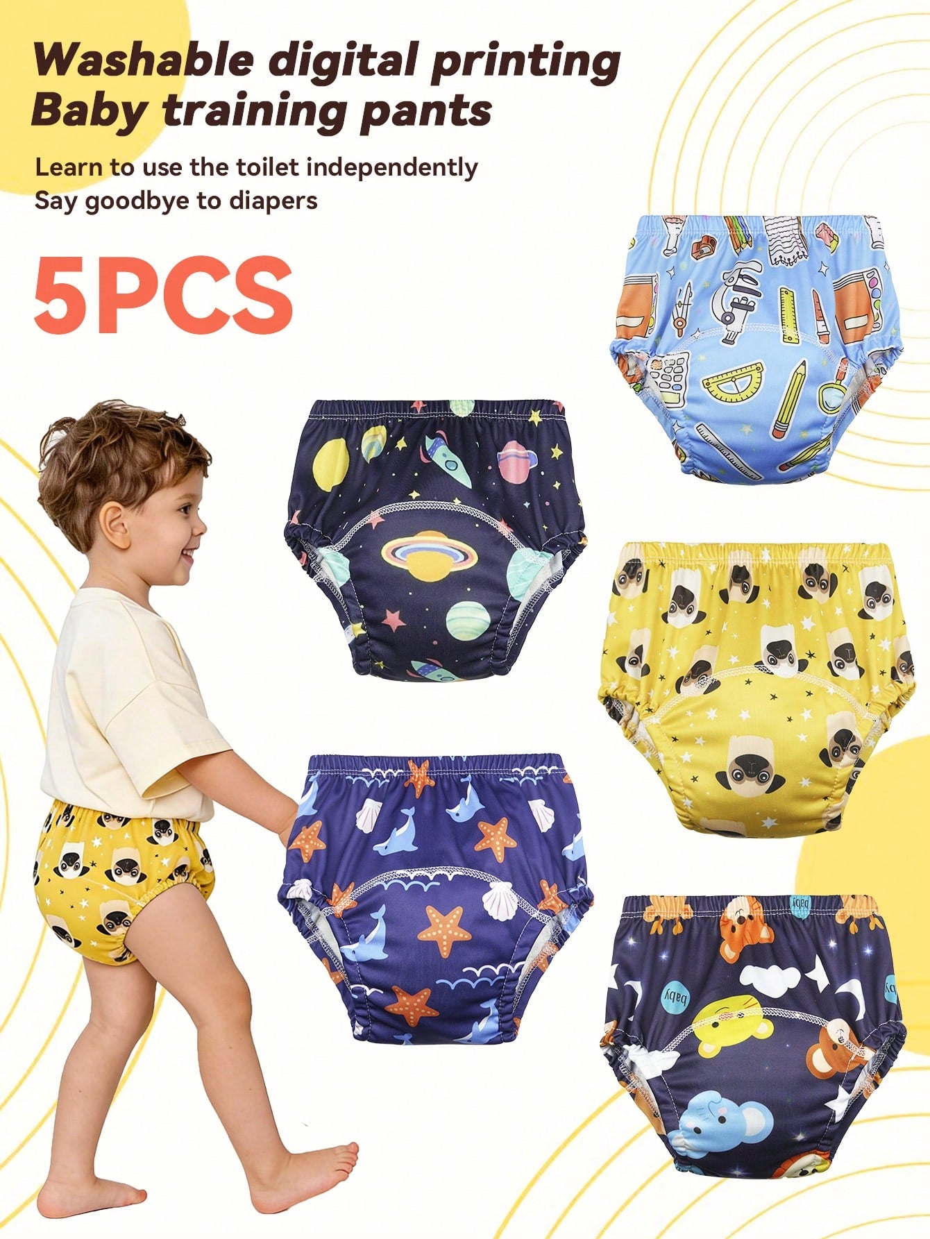 5pcs Baby Reusable Printed Potty Training Pants, Washable Diaper Underwear For Toddler Boys & Girls