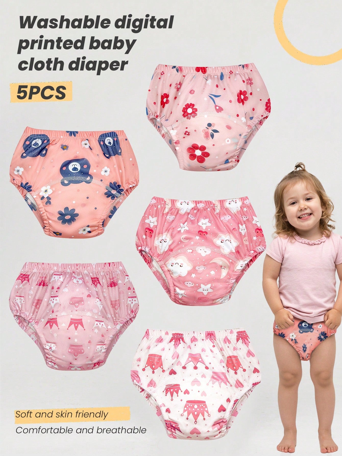 5pcs Baby Reusable Printed Potty Training Pants, Boys & Girls Infant Toilet Training Underwear, Washable