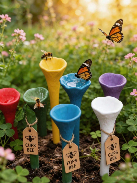 5pcs Colorful Bee Watering Set, Bee & Insect Drinking Cup, Multicolor Bee Watering Station With Wooden Base, Suitable For Outdoor, Garden, Balcony, Potted Plants, Creative Gardening Decor, Practical G