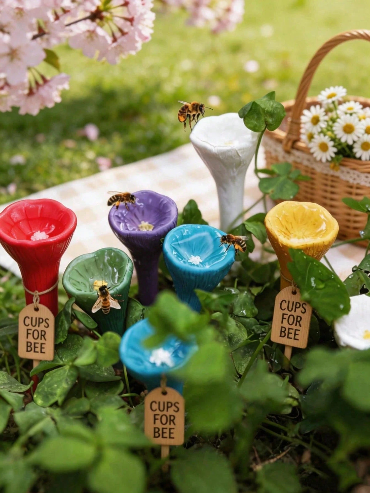 5pcs Colorful Bee Watering Set, Bee & Insect Drinking Cup, Multicolor Bee Watering Station With Wooden Base, Suitable For Outdoor, Garden, Balcony, Potted Plants, Creative Gardening Decor, Practical G