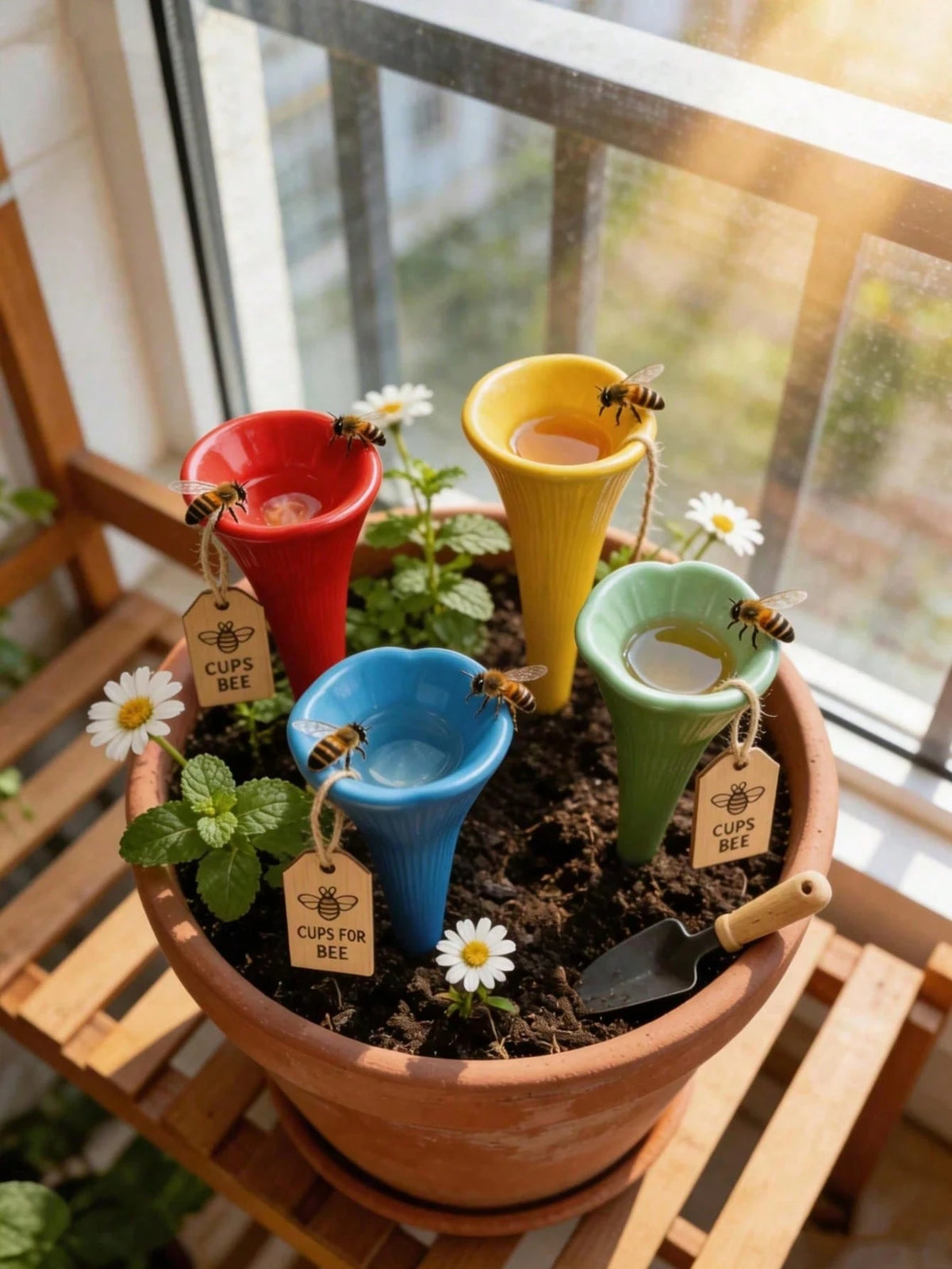 5pcs Colorful Bee Watering Set, Bee & Insect Drinking Cup, Multicolor Bee Watering Station With Wooden Base, Suitable For Outdoor, Garden, Balcony, Potted Plants, Creative Gardening Decor, Practical G