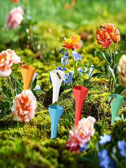 5pcs Colorful Bee Watering Set, Bee & Insect Drinking Cup, Multicolor Bee Watering Station With Wooden Base, Suitable For Outdoor, Garden, Balcony, Potted Plants, Creative Gardening Decor, Practical G