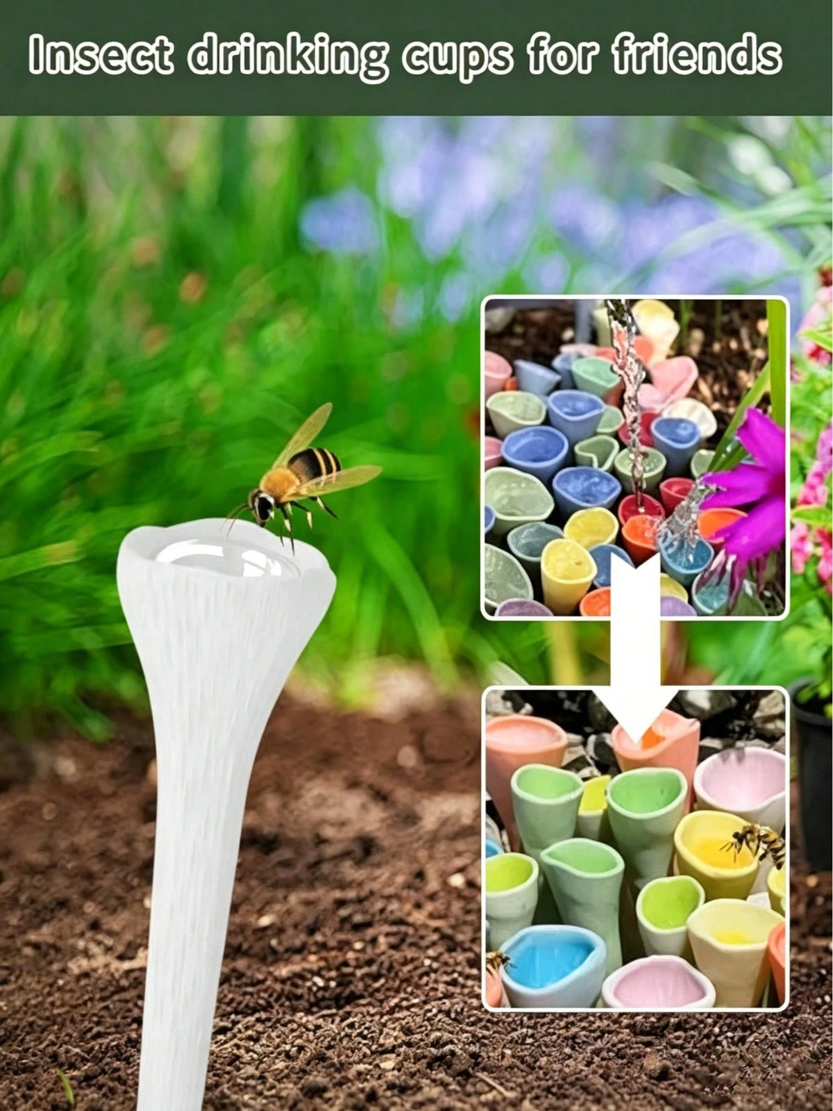 5pcs Colorful Bee Watering Set, Bee & Insect Drinking Cup, Multicolor Bee Watering Station With Wooden Base, Suitable For Outdoor, Garden, Balcony, Potted Plants, Creative Gardening Decor, Practical G