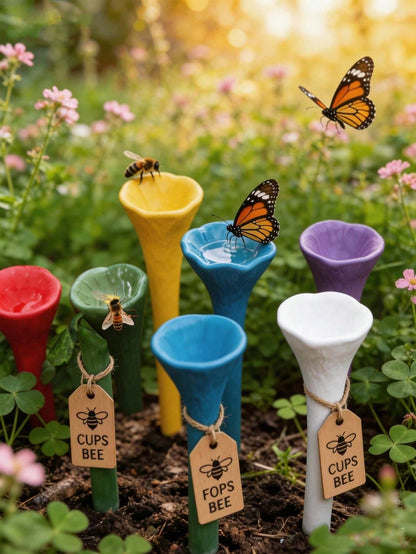 5pcs Colorful Bee Watering Set, Bee & Insect Drinking Cup, Multicolor Bee Watering Station With Wooden Base, Suitable For Outdoor, Garden, Balcony, Potted Plants, Creative Gardening Decor, Practical G