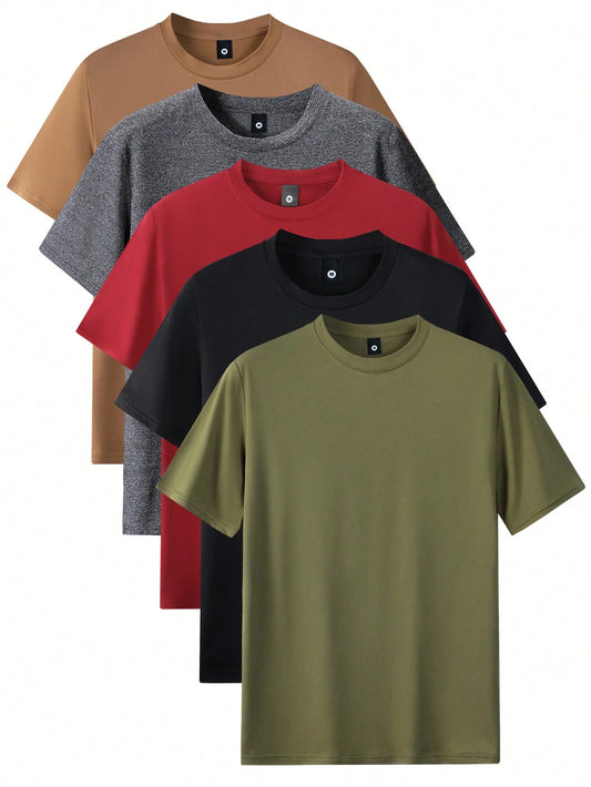 5pcs Men's Summer Regular Fit Short Sleeve T-Shirts, Solid Color Basic Style, Fashion Casual Sports Outdoor Wear, Thin Fabric, Suitable For Running, Basketball, Camping, Gym, Swimming And Beach, Perfe