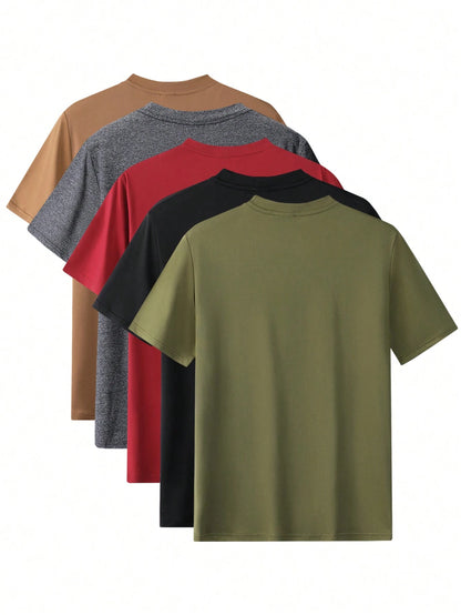 5pcs Men's Summer Regular Fit Short Sleeve T-Shirts, Solid Color Basic Style, Fashion Casual Sports Outdoor Wear, Thin Fabric, Suitable For Running, Basketball, Camping, Gym, Swimming And Beach, Perfe