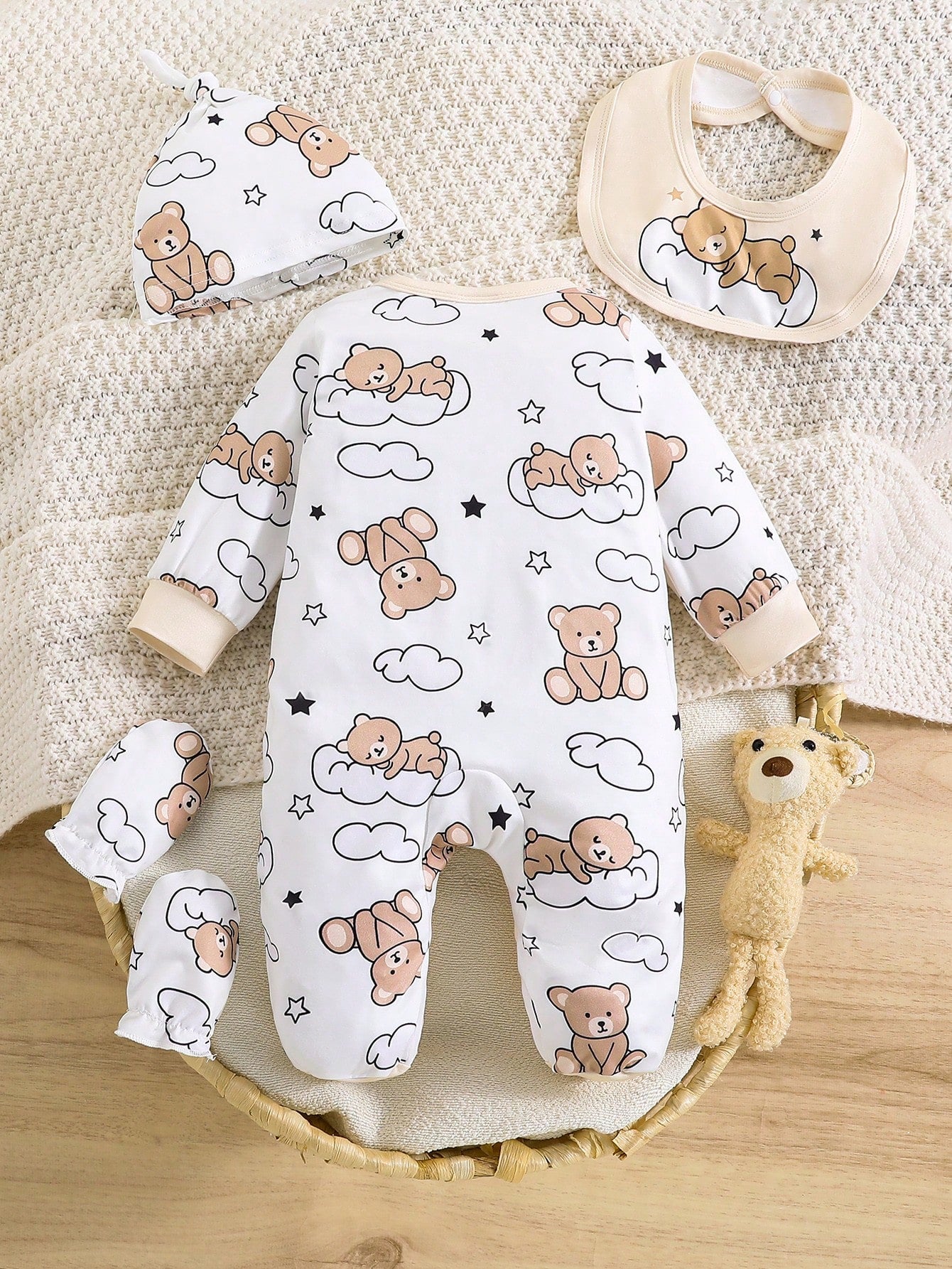 5pcs Newborn Baby Boy Cloud Bear Print Contrast Color Romper + Hat + Gloves + Bib + Cute Outfit Set, Suitable For All Seasons