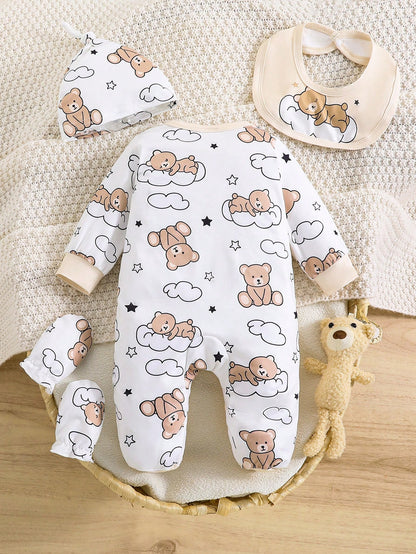 5pcs Newborn Baby Boy Cloud Bear Print Contrast Color Romper + Hat + Gloves + Bib + Cute Outfit Set, Suitable For All Seasons