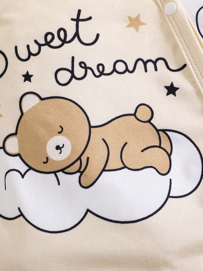 5pcs Newborn Baby Boy Cloud Bear Print Contrast Color Romper + Hat + Gloves + Bib + Cute Outfit Set, Suitable For All Seasons