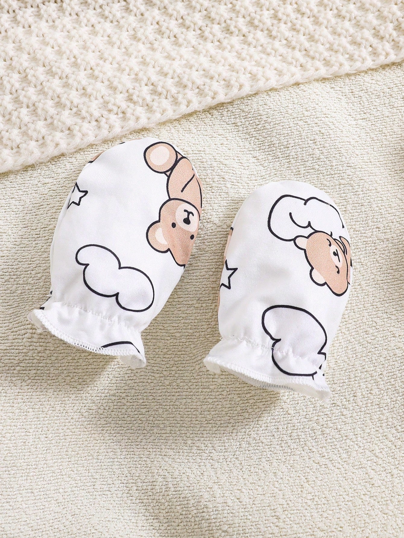 5pcs Newborn Baby Boy Cloud Bear Print Contrast Color Romper + Hat + Gloves + Bib + Cute Outfit Set, Suitable For All Seasons
