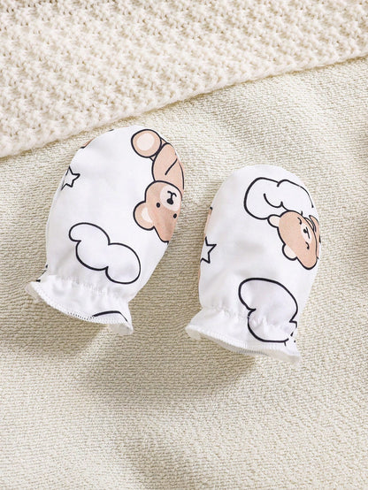 5pcs Newborn Baby Boy Cloud Bear Print Contrast Color Romper + Hat + Gloves + Bib + Cute Outfit Set, Suitable For All Seasons