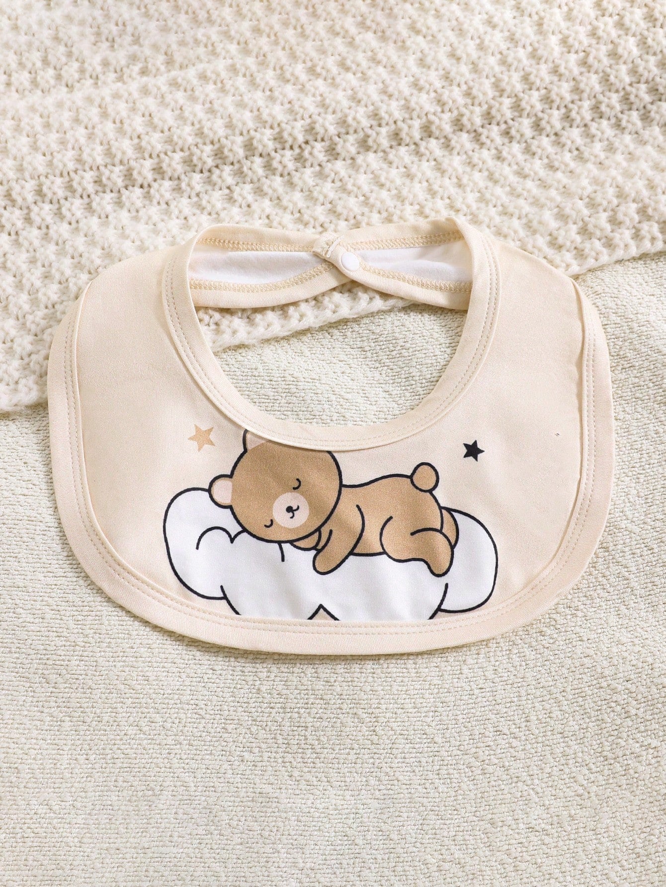 5pcs Newborn Baby Boy Cloud Bear Print Contrast Color Romper + Hat + Gloves + Bib + Cute Outfit Set, Suitable For All Seasons