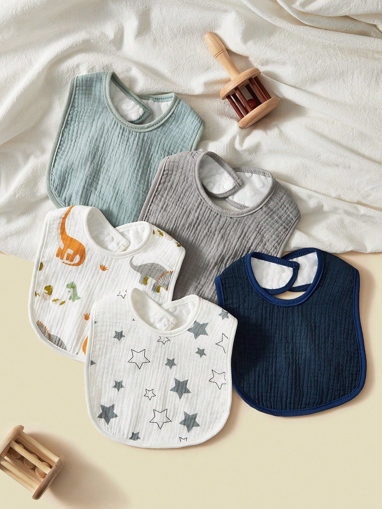 5pcs/Pack 100% Cotton Baby U-Shaped Bibs, Drool Cloths, Absorbent Burp Cloths, Dinosaur & Star Patterns For Baby Boys