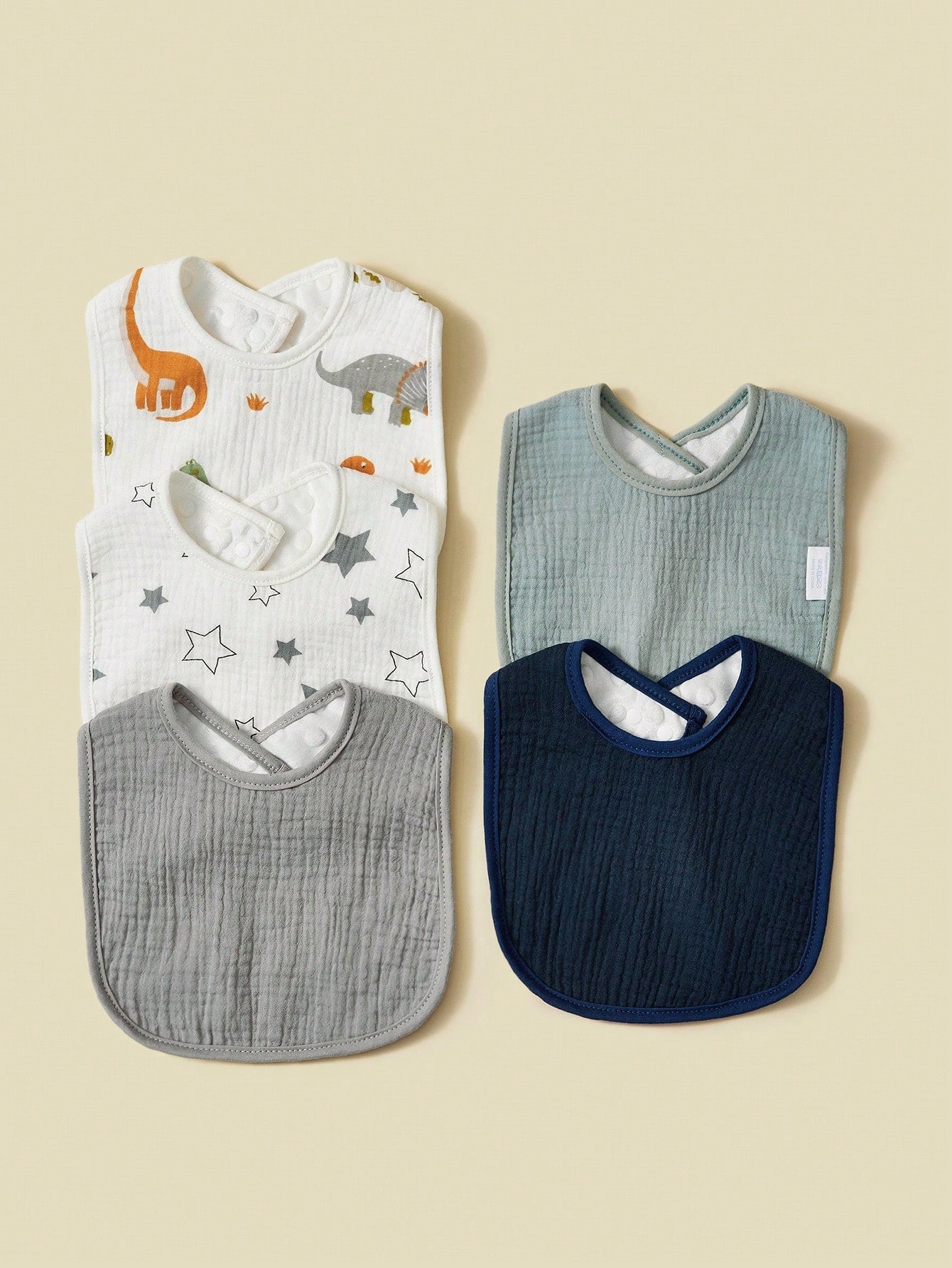 5pcs/Pack 100% Cotton Baby U-Shaped Bibs, Drool Cloths, Absorbent Burp Cloths, Dinosaur & Star Patterns For Baby Boys