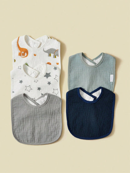 5pcs/Pack 100% Cotton Baby U-Shaped Bibs, Drool Cloths, Absorbent Burp Cloths, Dinosaur & Star Patterns For Baby Boys