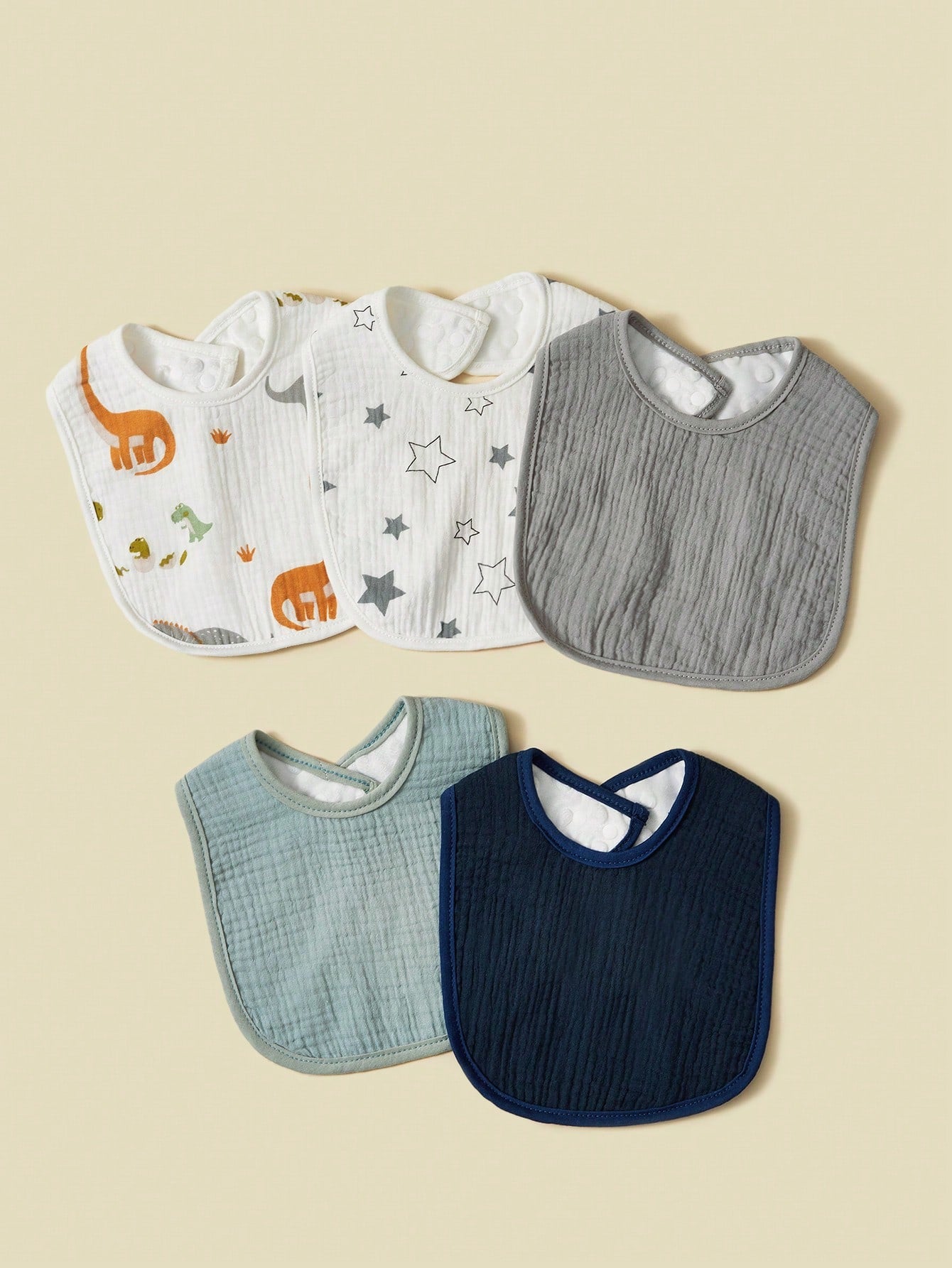 5pcs/Pack 100% Cotton Baby U-Shaped Bibs, Drool Cloths, Absorbent Burp Cloths, Dinosaur & Star Patterns For Baby Boys