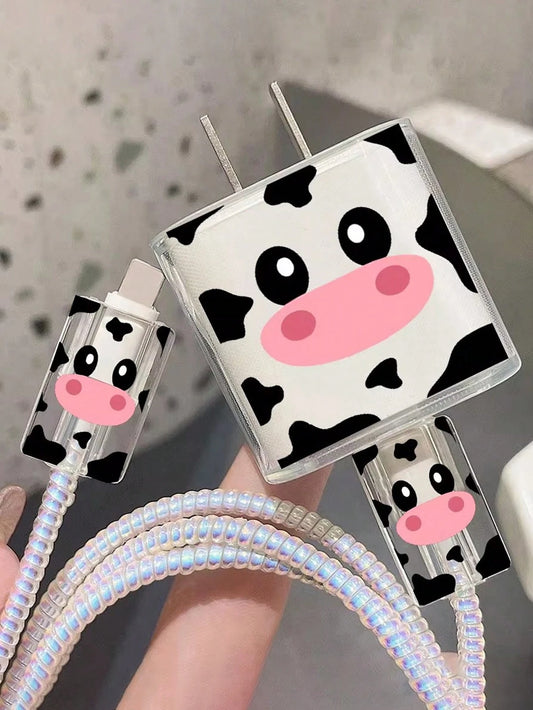 5pcs Set: Cartoon Cow Shaped 1.5m Cable Winder, Data Cable Organizer, Anti-Breaking Charging Cable & Adapter Protector, Compatible With 20W Fast Charging Apple Phone Cable